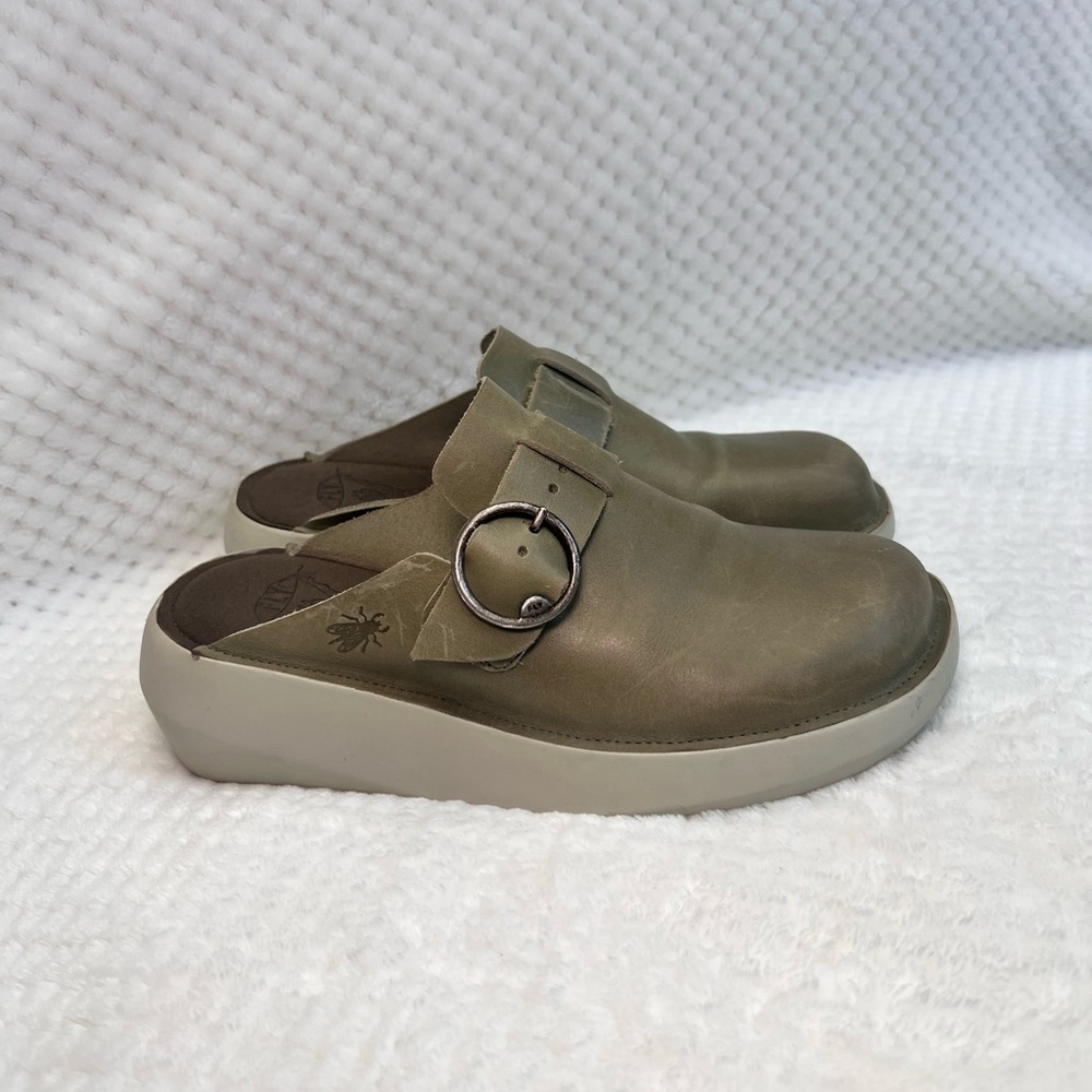 Fly London Boll Womens Gray Leather Mules Clog Shoes
